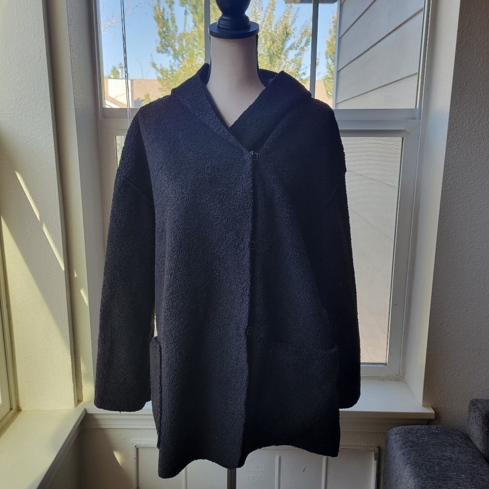 Max Studio Black Sherpa Hooded Shacket | M
